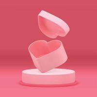 Pink 3d romantic podium with heart gift box for beauty product show realistic illustration vector