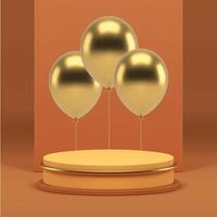 Beige 3d luxury podium pedestal with golden air balloon for product show realistic vector