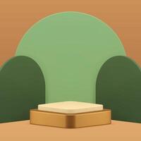 3d golden podium pedestal with green geometric wall background realistic illustration vector