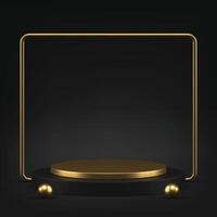 Luxury 3d black podium with golden squared frame and sphere for presentation realistic vector