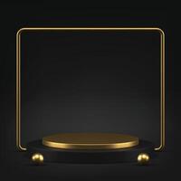 Luxury 3d black podium with golden squared frame and sphere for presentation realistic vector