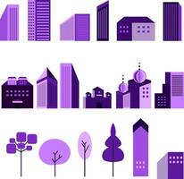 set of illustration in simple minimal geometric flat style - city landscape elements, buildings and trees - city constructor for background for header images for websites, banners, purple theme vector