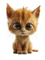 A cute orange kitten with big eyes is sitting on a transparent background. 3D rendering png