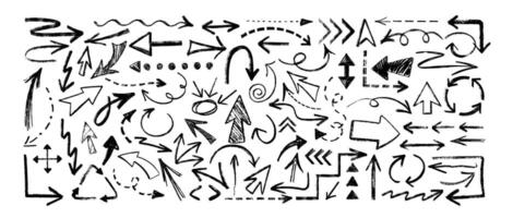 Hand drawing charcoal arrow set. Doodle direction pointer, curved strokes, cursor, dashed, circular and wave arrows. Black chalk pencil dash lines. Grunge crayon scribbles, scrawls painted with coal. vector