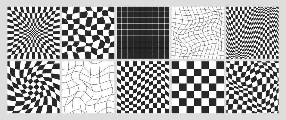 Square psychedelic checkerboard with warped black and white grid tile. Checkered seamless geometric pattern in retro y2k style. Distorted chessboard background with distortion effect, optical illusion