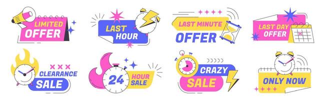 Last time offer badges with alarm clock, calendar, countdown and megaphone icon. Promo discount stickers set. Hot sale banner template design. Limited offer and only now labels with stopwatch. vector