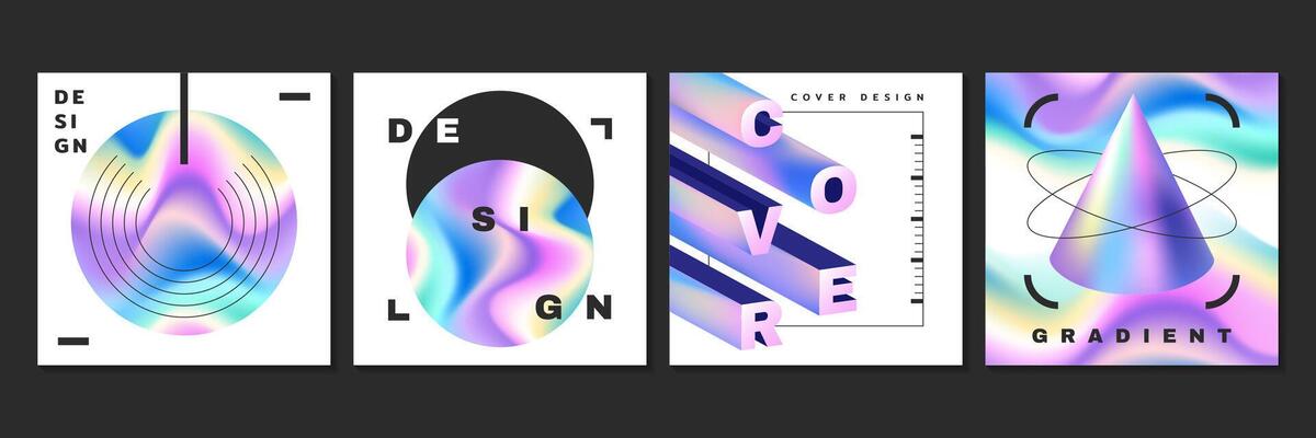 Futuristic holographic posters with metal neon gradient mesh. hologram covers with rainbow foil abstract geometric shapes, pearlescent objects. Iridescent square banners, modern design template