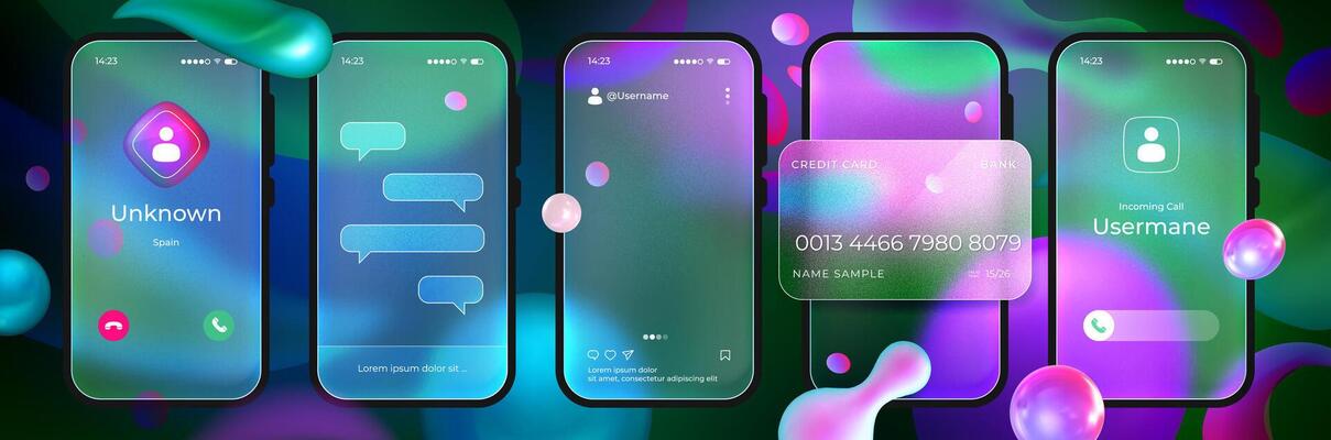 Realistic transparent smartphone in glassmorphism style. Matte glass morphism phone screen mockup with credit card, message chat, call. Mobile ui design. Frosted frames with abstract liquid 3d shapes.