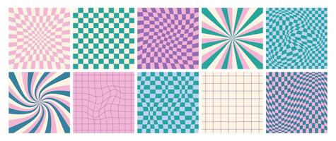 Square twisted psychedelic checkerboard set with distorted grid. Groovy checkered seamless pattern in trendy y2k style. Retro warped chessboard with mosaic tile, swirl, twirl, spiral distortion effect vector