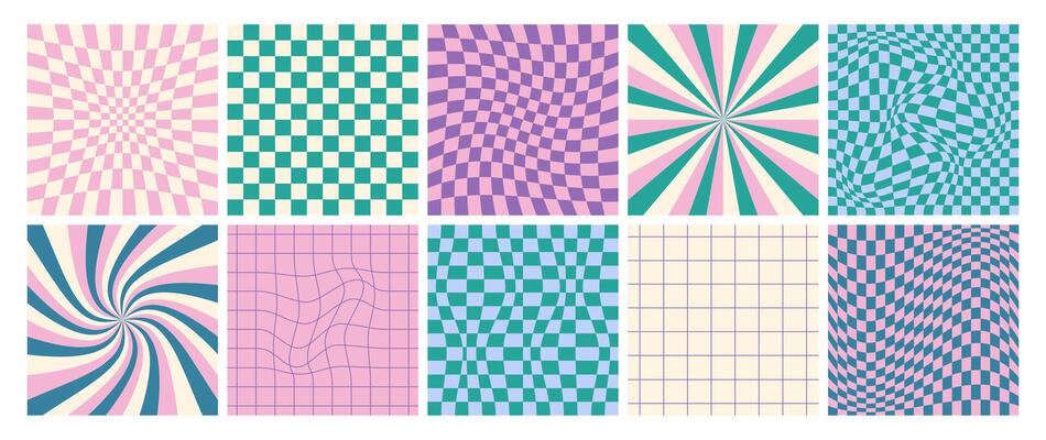 Square twisted psychedelic checkerboard set with distorted grid. Groovy checkered seamless pattern in trendy y2k style. Retro warped chessboard with mosaic tile, swirl, twirl, spiral distortion effect