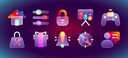 Transparent frosted glass morphism ui icons with purple neon gradient. Realistic matte blur buttons with glassmorphism effect for interface. notification, gift box, shopping bag, gamepad, lock. vector