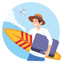 Vecation of employee man go to the beach for surf flat illutration web graphic design blue color background png