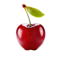 Fresh Red Cherry with Dew Drops and Green Leaf. Isolated on Background png