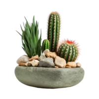 Variety Of Cactus Plants In A Decorative Concrete Bowl Pot. Isolated on Background png