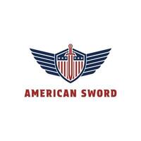 american sword with justice shield flag logo design concept idea vector