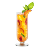 Peach iced tea with sliced peaches and mint leaves suspended in liquid Food and culinary png