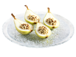 Canapes pear gorgonzola and walnut on endive leaves served on a transparent glass tray crunchy png