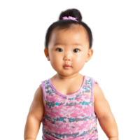 mia un adorable asiatique bébé avec rosé des joues et curieuse yeux portant une coloré grenouillère png