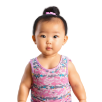 Mia an adorable Asian baby with rosy cheeks and curious eyes wearing a colorful onesie png