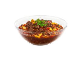 Goulash Hungarian stew with beef and paprika served in a transparent glass bowl hearty png