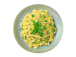 Spring pasta fettuccine with peas lemon and tarragon served on a transparent glass dish light png