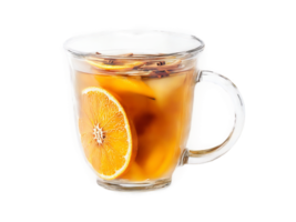 Autumn beverage mulled cider with cinnamon and orange slices served in a transparent glass mug png