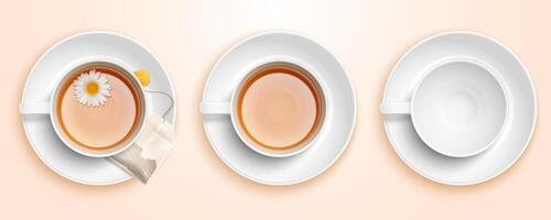 Top view of three chamomile tea cups set in 3d illustration vector