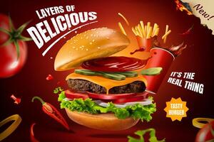 Delicious homemade burger with splashing cola, french fries and fresh ingredients, food ad in 3d illustration vector