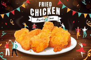 delicioso crujiente frito pollo en 3d ilustración en un fiesta hora tema vector