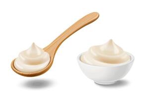 Mayonnaise sauce in bowl and wooden spoon in 3d illustration, isolated on white background vector