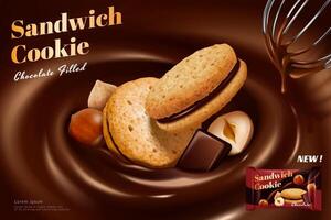 Chocolate sandwich cookie ad in 3d illustration, large close-up biscuits and hazelnuts sinking in smooth chocolate spread vector