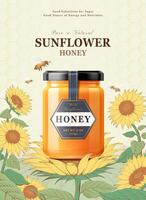 Sunflower honey product in 3d illustration on a sunflower with honeybees over engraved honeycomb background vector