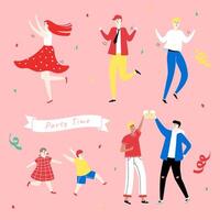 Colorful doodle of people partying on pink background with confetti vector