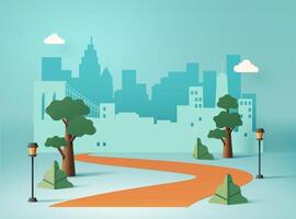 Urban cityscape concept in paper art design with trees, streetlight and winding road leading to the city vector