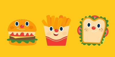 Illustration of cute breakfast food isolated on yellow background, including burger, french fries and sandwich vector