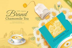 Chamomile tea bag package with cup of tea on engraved background vector