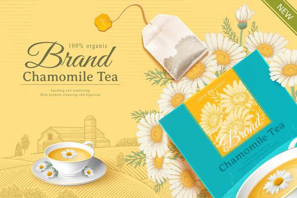 Chamomile tea bag package with cup of tea on engraved background