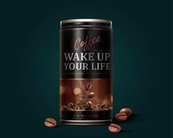 Sugar free black coffee can design in 3d illustration with roasted coffee beans elements on dark green background vector