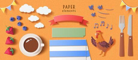 Breakfast element set in 3d paper cut isolated on orange background vector