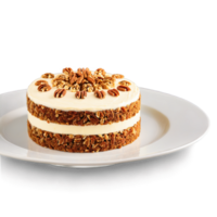 Carrot cake with moist texture visible carrot shreds cream cheese frosting chopped walnut garnish Culinary png