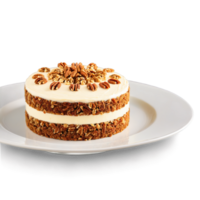 Carrot cake with moist texture visible carrot shreds cream cheese frosting chopped walnut garnish Culinary png