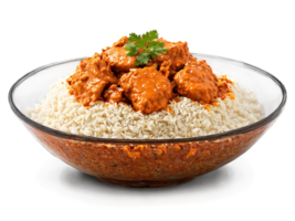 burro pollo cremoso e speziato con basmati riso su un' trasparente bicchiere ciotola caldo toni png