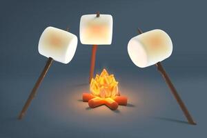 Roasting of marshmallows on bonfire in evening on grey background in 3d illustration vector