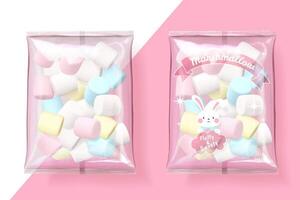 Marshmallow packets on pink and white background in 3d illustration vector