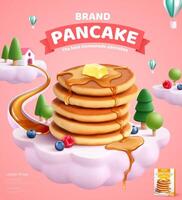 Pancake mix ads with butter and honey dripping on delicious pancakes and fruits over a cloud island in 3d illustration vector