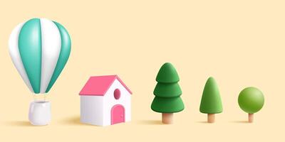 Tiny hot air balloon, house and set of trees in 3D illustration design elements over beige background vector