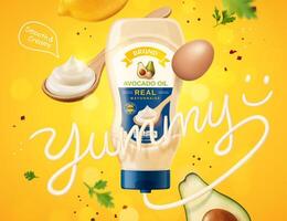 Real mayonnaise ad with dynamic layout of fresh ingredients and yummy word made of sauce, 3d illustration vector