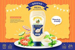 Real mayonnaise ad with bottle mock-up set on fresh egg salad, 3d illustration vector