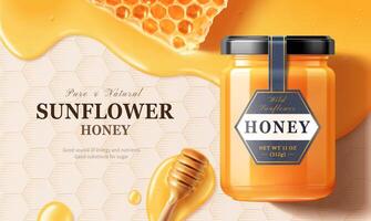 Flay lay of honey jar over liquid with honey dipper in 3d illustration on honeycomb engraved backgruond vector