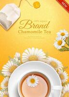 Top view of chamomile tea cup in 3d illustration with herbs and tea bag on yellow background vector